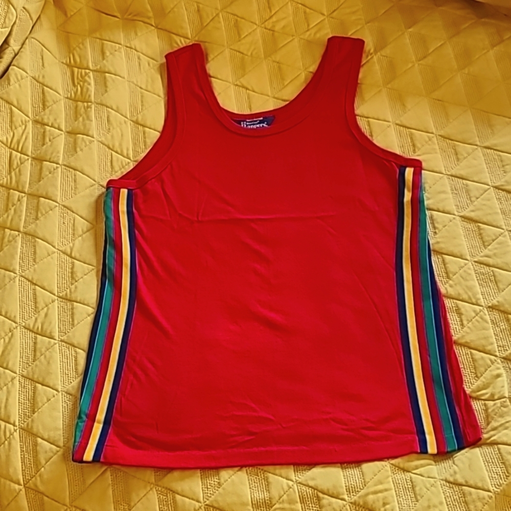 Vintage 1960s-70s-80s DeeCee Rappers red tank top rainbow racing stripe Large